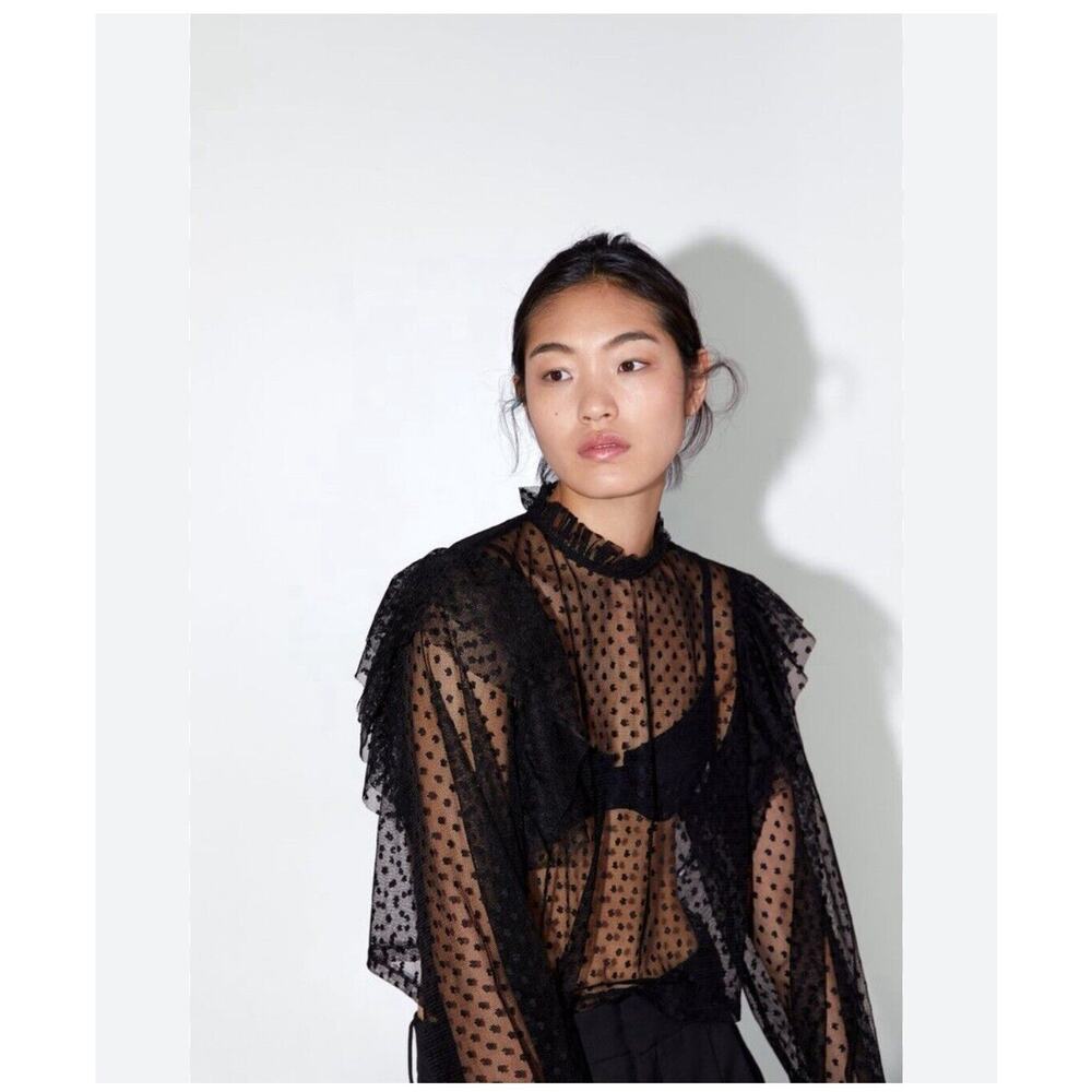 Zara Black Sheer Polka Dot Ruffled Long Sleeve Mock Neck Top Sz S Whimsygoth